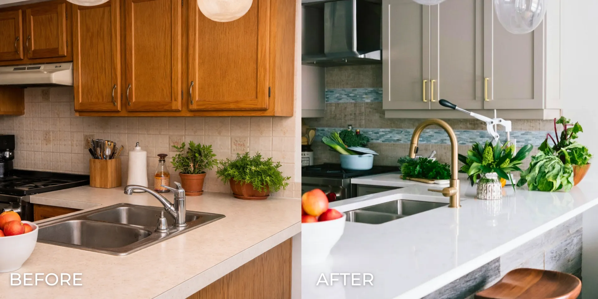 Side-by-side kitchen renovation: Before shows dated wooden cabinets and beige counters. After features sleek gray cabinets, white counters, and vibrant greenery.